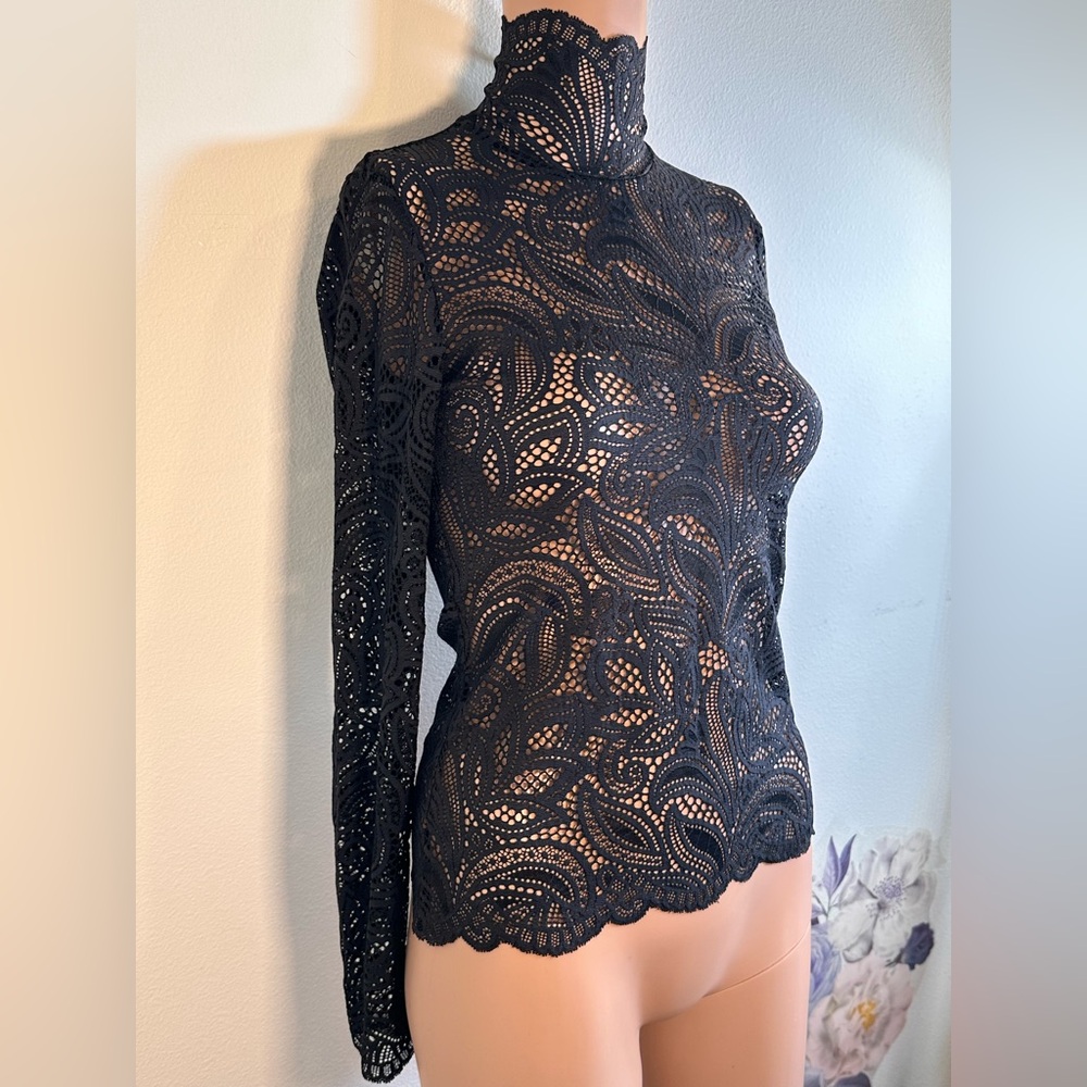 New Beaufille Rodin Blouse in Black lace mesh long sleeve sheer top - Picture 10 of 12